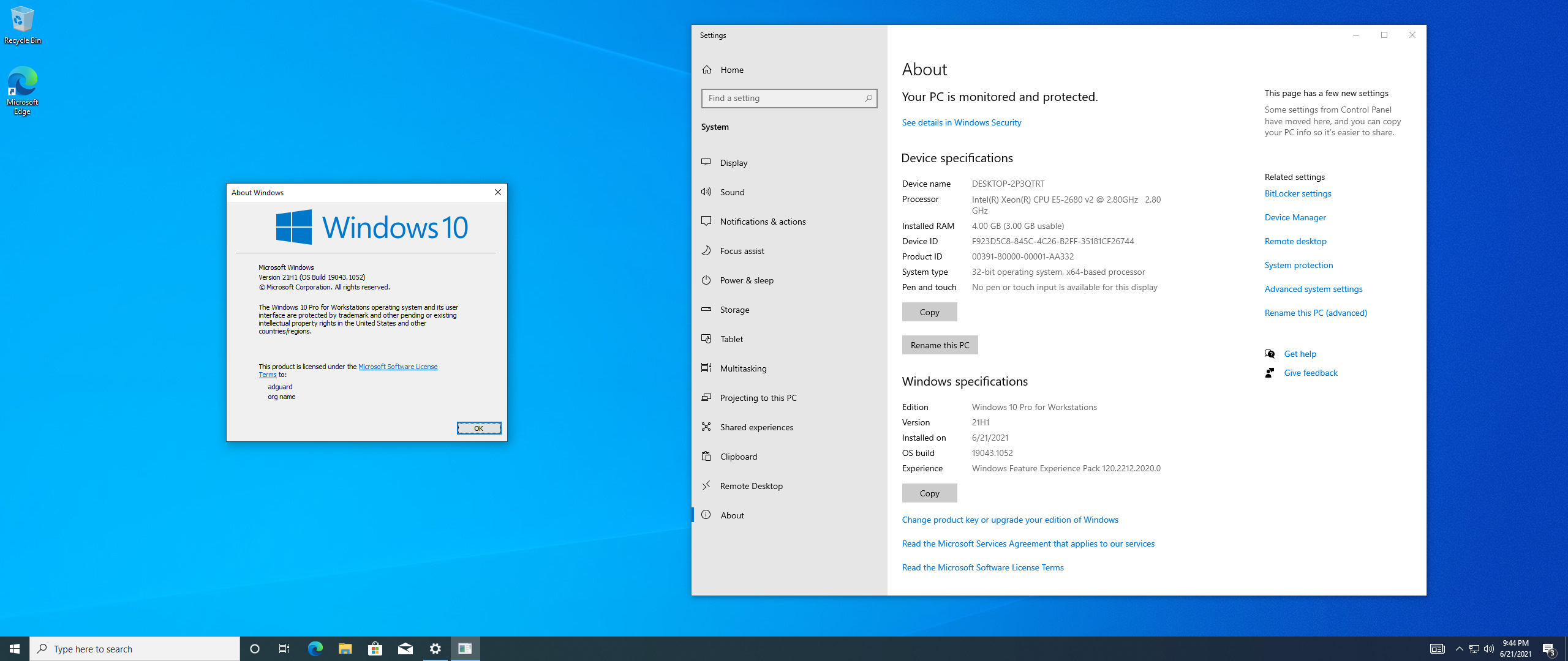 Windows 10 Pro 21h1 ОЗУ