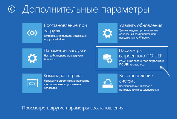 Параметры встроенного ПО UEFI в меню дополнительных параметров