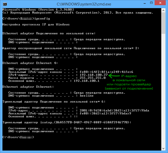 Пример вывода ipconfig с адресом локального подключения