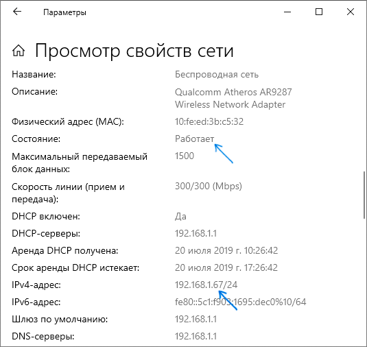 Сведения о сетевых подключениях в параметрах Windows 10