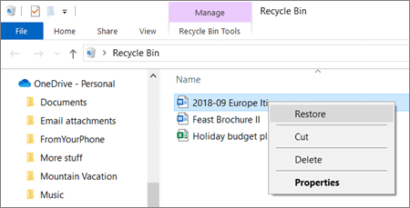 Восстановление через контекстное меню корзины Windows, пример английского интерфейса