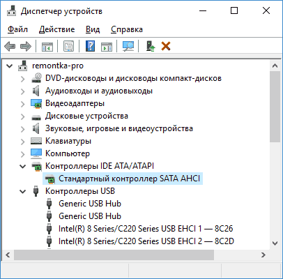 Пример SATA AHCI в диспетчере устройств; у компьютера с NVMe названия и разделы будут другими