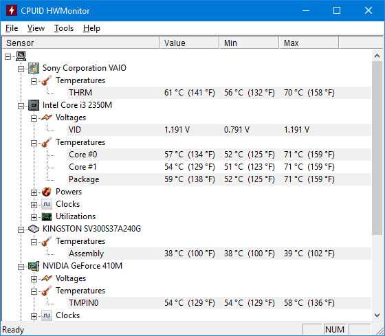 Показания температуры CPU и столбцы Value, Min, Max в HWMonitor