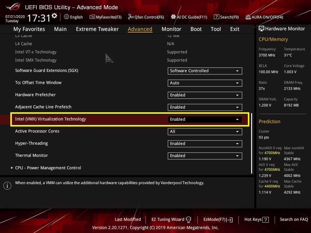 Настройка Intel VMX Virtualization Technology в UEFI ASUS